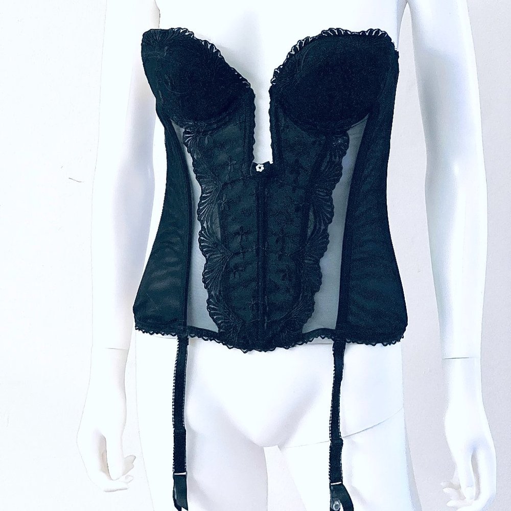 Vintage Frederick's Of Hollywood Black Lace Strapless Corset With Garters, 34B